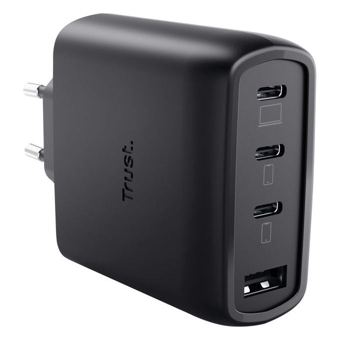 Trust caricatore GaN 65W, 4 porte USB, 3 USB-C e 1 USB-A, ricarica rapida, Power Delivery, Quick Charge 4+, nero