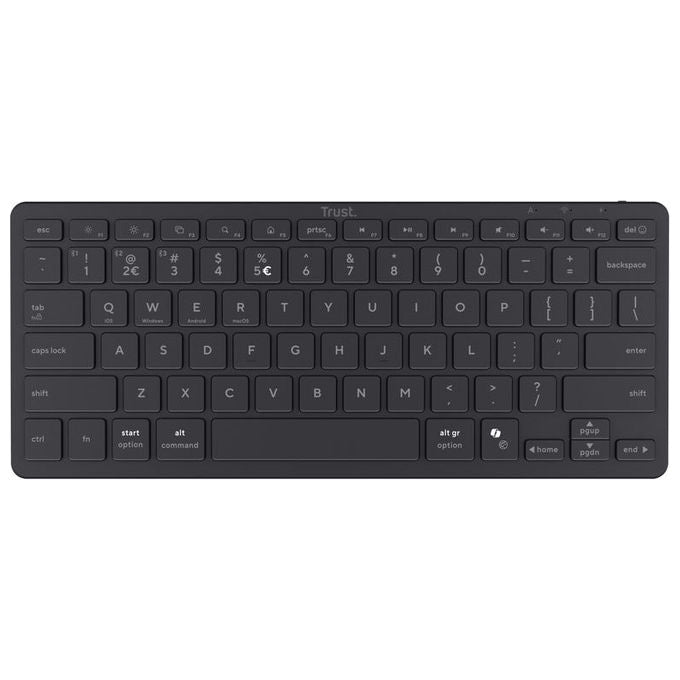 Trust Nado II, tastiera Bluetooth 5.0 multidevice, wireless, ricaricabile, mini Qwerty, 78 tasti, PC tablet smartphone, nera