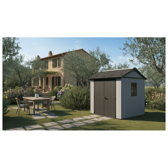 Keter 273218 Newton Plus 757-775 Casetta da Giardino in Resina EVOTECH+ 4 m² Doppia Porta 2 Finestre Lucernario Pavimento Incluso colore Grigio