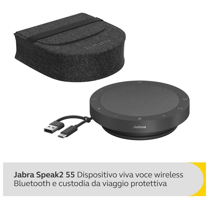 Jabra 2755-209 Speak2 55 UC Vivavoce Bluetooth USB-C 4 Microfoni Beamforming Cancellazione Rumore 12h Autonomia IP64 colore Grigio