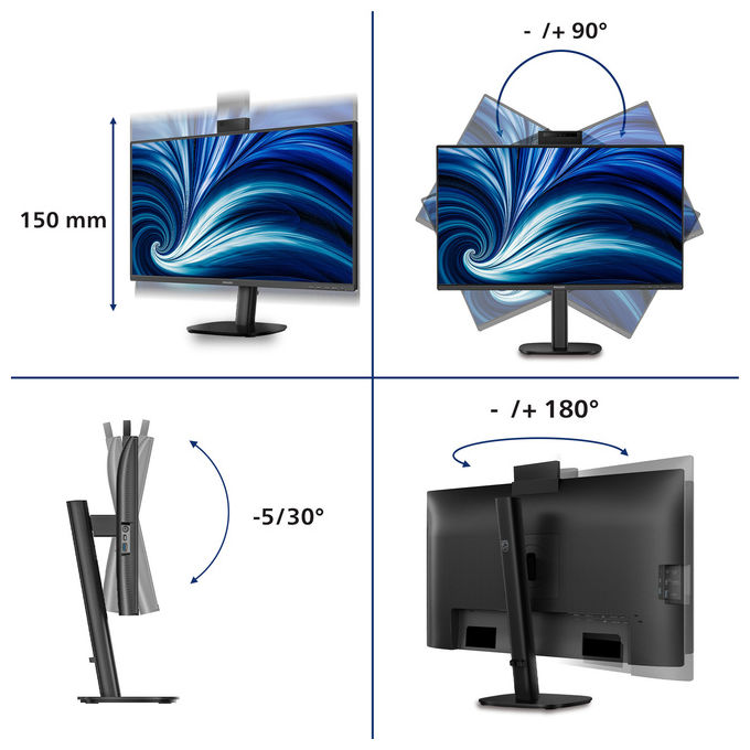 Philips monitor 27 pollici WQHD, 27B2N3500JH, IPS 120 Hz, 4 ms, webcam 5 MP, USB-C, altoparlanti, regolazione altezza