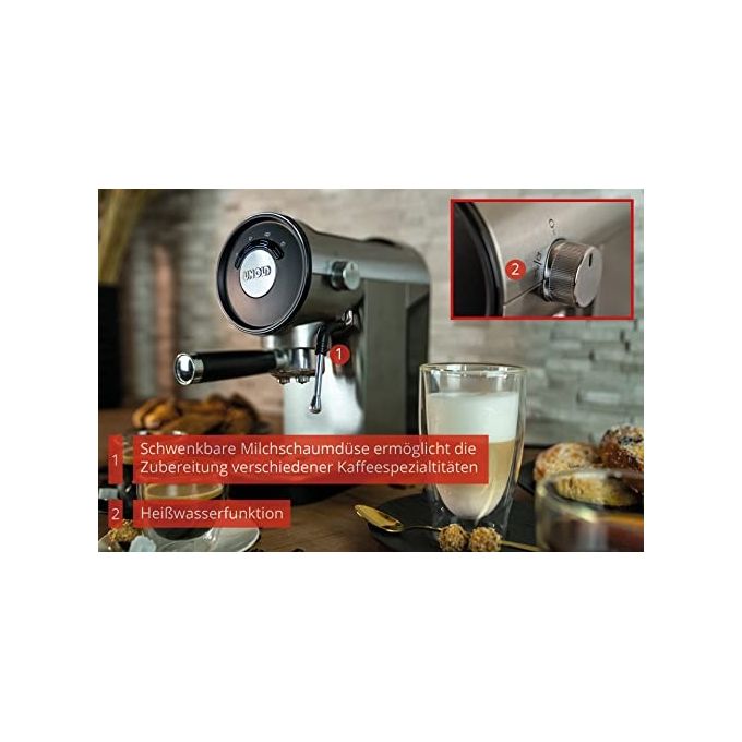 Unold 28636 Piccopresso Macchina da caffe' Espresso 0,9 L 20 bar 1360 W con Montalatte e Funzione Acqua Calda colore Acciaio inox-Nero