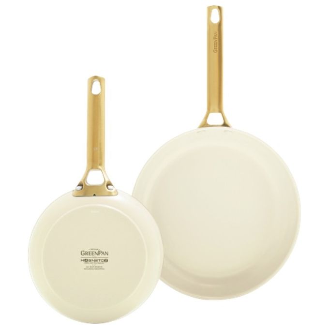 GreenPan CW-CC008494-001 Padova Set di Padelle 20+26 cm Rivestimento Ceramico Antiaderente con Diamanti Manici Ergonomici Base Spessa per Distribuzione Uniforme del Calore colore Crema con Manici Dorati