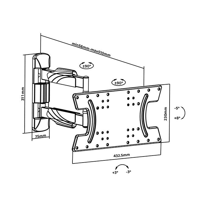 G.B.S. Elettronica JL42867 Supporto TV Orientabile e Inclinabile 32 65 Pollici Fino a 30 Kg Rotazione ±90° VESA 100x100 400x200 colore Nero