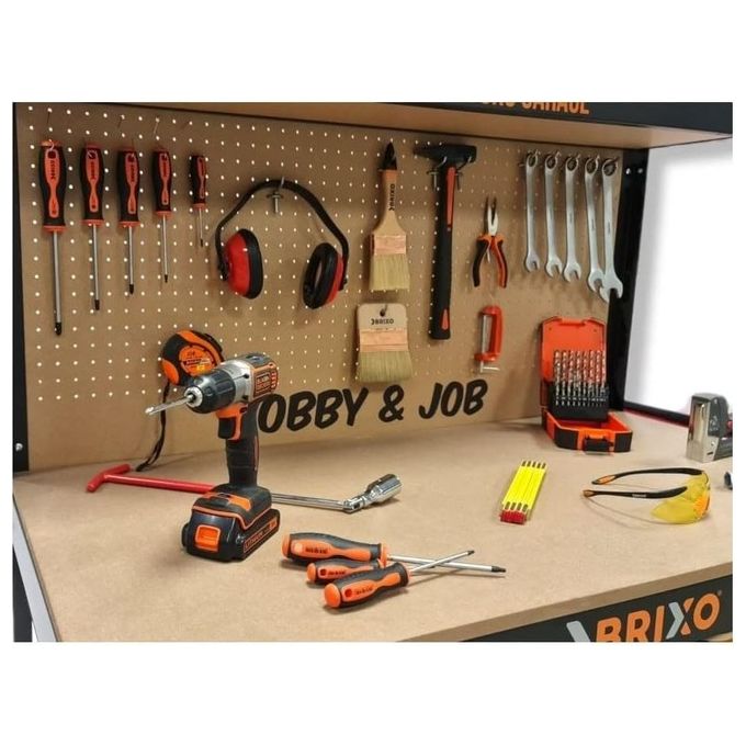 Brixo HobbyandJob Banco da lavoro con pannello forato cassetto e ripiano 120x60x150 cm carico max 230 Kg colore Nero