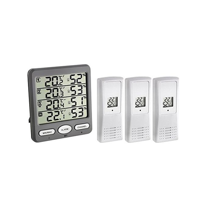TFA 30.3054.10 Klima-Monitor Termoigrometro Digitale con 3 Sensori Wireless Allarme Regolabile e Indicatore di Comfort colore Grigio