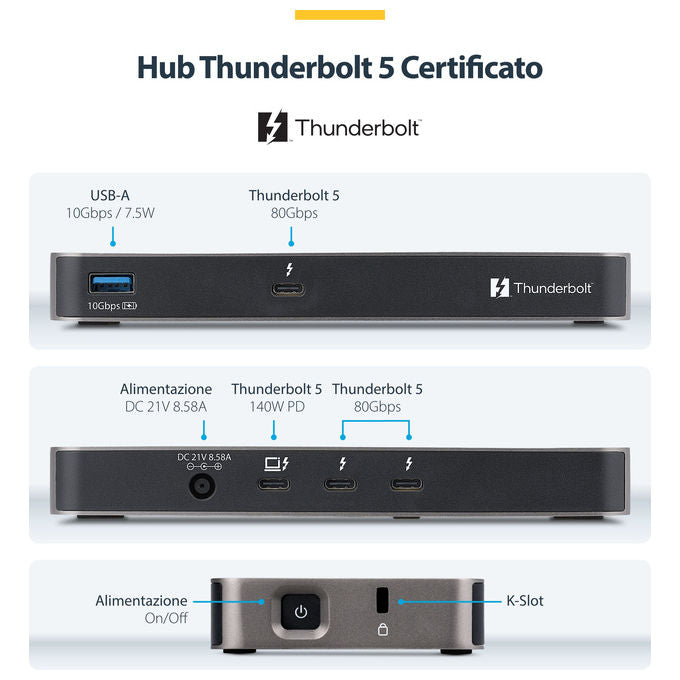 StarTech.com 303UE-TB5-HUB Hub Thunderbolt 5 a 4 Porte con KVM Thunderbolt Share 80 120 Gbps Multi Monitor 8K PD 140W USB A 10 Gbps TB4 USB4 colore Grigio