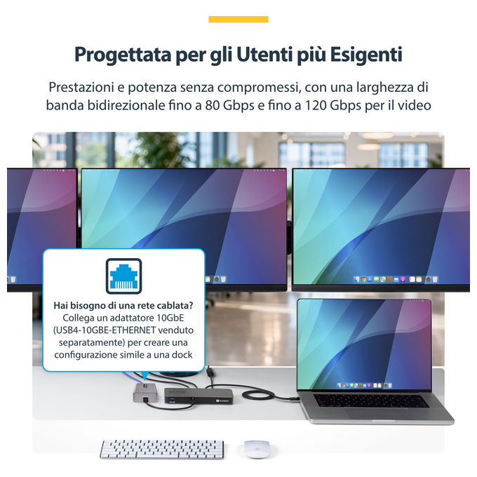 StarTech.com 303UE-TB5-HUB Hub Thunderbolt 5 a 4 Porte con KVM Thunderbolt Share 80 120 Gbps Multi Monitor 8K PD 140W USB A 10 Gbps TB4 USB4 colore Grigio