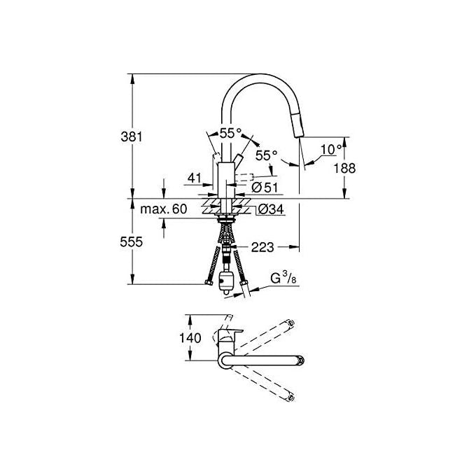 Grohe 31486001 Feel Miscelatore Monocomando Lavello Doccetta Estraibile 2 Getti Monoforo Bocca Girevole 360° colore Cromo