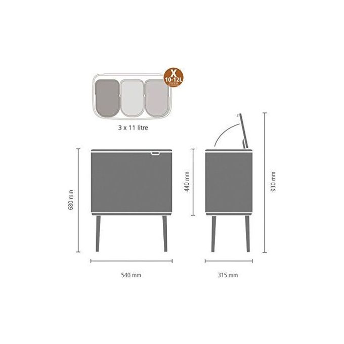 Brabantia 8710755316043 Bo Touch Bin Pattumiera 3 x 11 litri Cerniera Soft-Touch colore Platinum