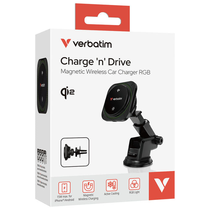 Verbatim 31860 Charge 'n' Drive Qi2 Caricatore Wireless Magnetico 15W RGB Carica Rapida colore Nero