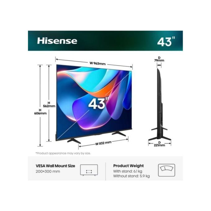 Hisense 43A6S Smart TV 43'' 4K Ultra HD QLED VIDAA Dolby Vision Wi-Fi colore Nero