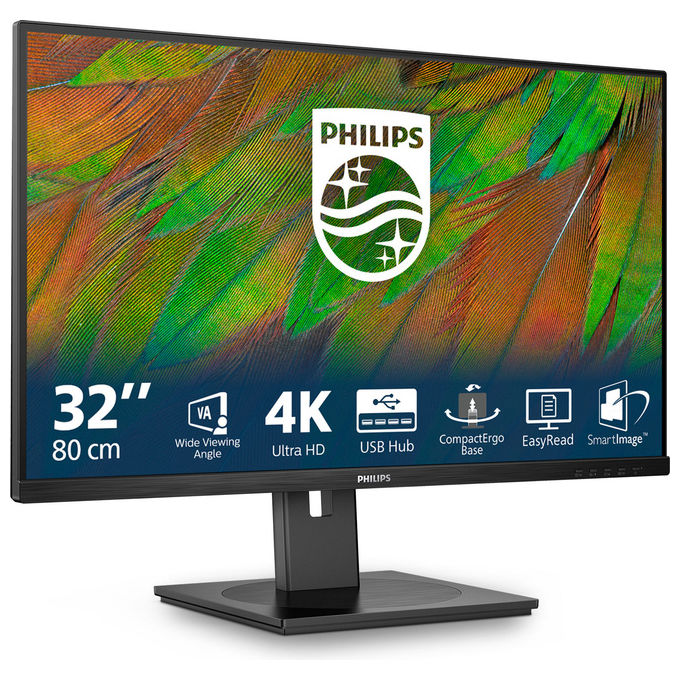 Philips 32B1N3800-00 Serie 3000 Monitor 32'' UHD 4K 3840x2160 60Hz Pannello VA Flicker Free LowBlue Mode Altoparlanti Integrati USB Hub Regolazione Altezza VESA 100x100 colore Nero
