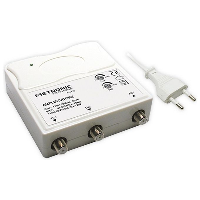 Metronic 414113 Amplificatore TV da Interno VHF UHF 1 Ingresso 2 Uscite Filtro LTE 5G Guadagno Regolabile colore Bianco