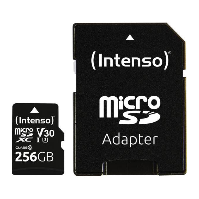 Intenso 3433492 Scheda di memoria microSDHC 256 GB Classe 10 UHS-I U3 V30 con adattatore SD fino a 100 MB-s lettura colore Nero
