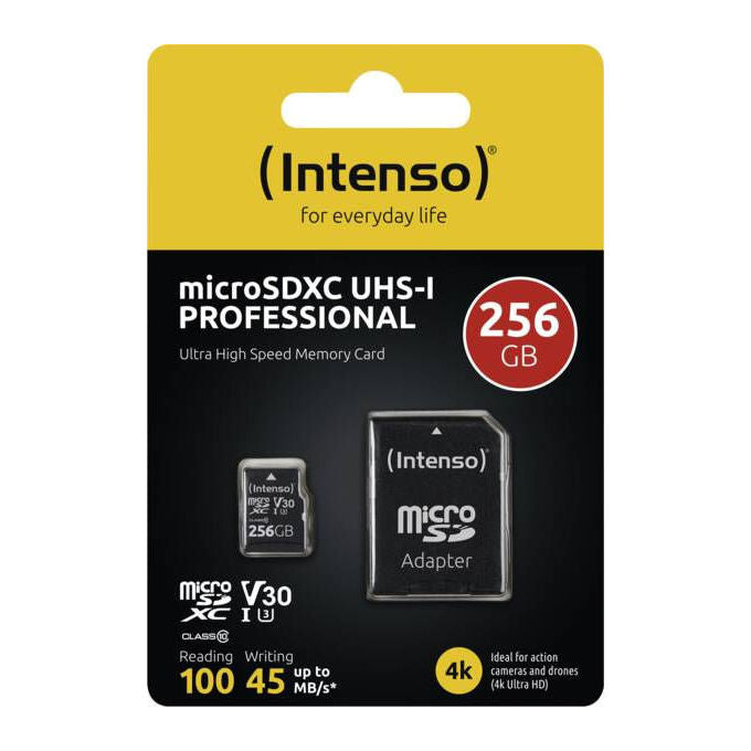 Intenso 3433492 Scheda di memoria microSDHC 256 GB Classe 10 UHS-I U3 V30 con adattatore SD fino a 100 MB-s lettura colore Nero