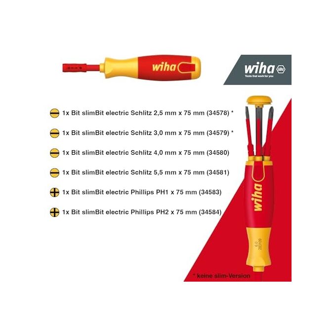 Wiha SB283109020 LiftUp electric Cacciavite con Magazzino Portapunte 6 slimBit SL e PH 75 mm colore Rosso Giallo