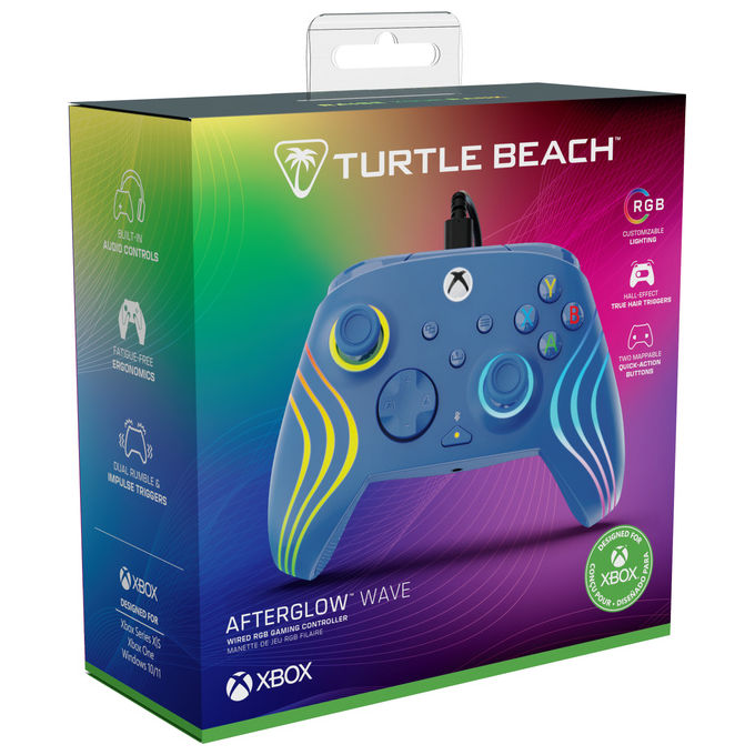 Turtle Beach TBC-2002-25 Afterglow Wave Gamepad Cablato con Licenza per Xbox e PC Pulsanti Programmabili Trigger Effetto Hall Controlli Audio RGB colore Blu