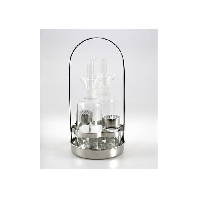 ILSA 123863 Set Menage 4 pezzi con ampolle per olio aceto sale e pepe in acciaio inox diametro 12 cm colore Acciaio