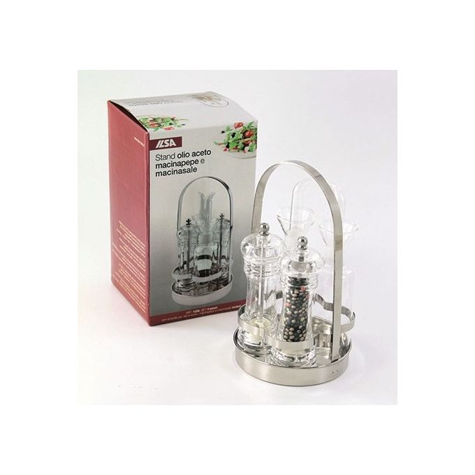 Ilsa ILS490256 Stand Oliera Acetiera Macinasale Macinapepe Set 4 Pezzi Acciaio Inox Ampolle Vetro Macina Ceramica 13,5 cm