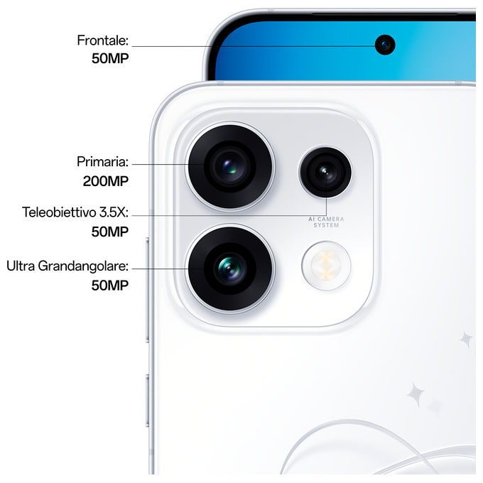 Oppo 110010237199 Reno16 Pro 5G AI Smartphone Tripla fotocamera 200+50+50MP Selfie 50MP Display 6.32'' 120HZ AMOLED FHD+ 6000mAh RAM 12GB ROM 512GB colore Bianco