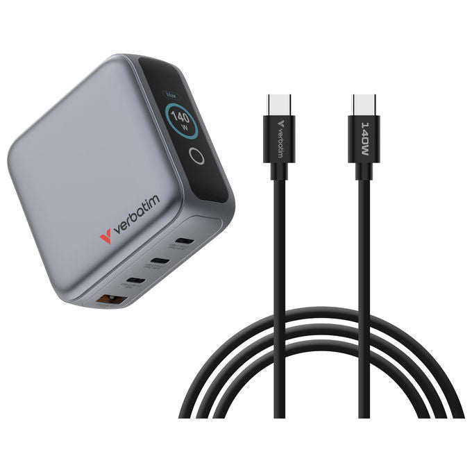 Verbatim 30240 Caricabatterie Universale Mini GaN 140W con Display 3 Porte USB Tipo C 1 Porta USB Tipo A Ricarica Rapida Power Delivery 3.0 Quick Charge 3.0 colore Nero