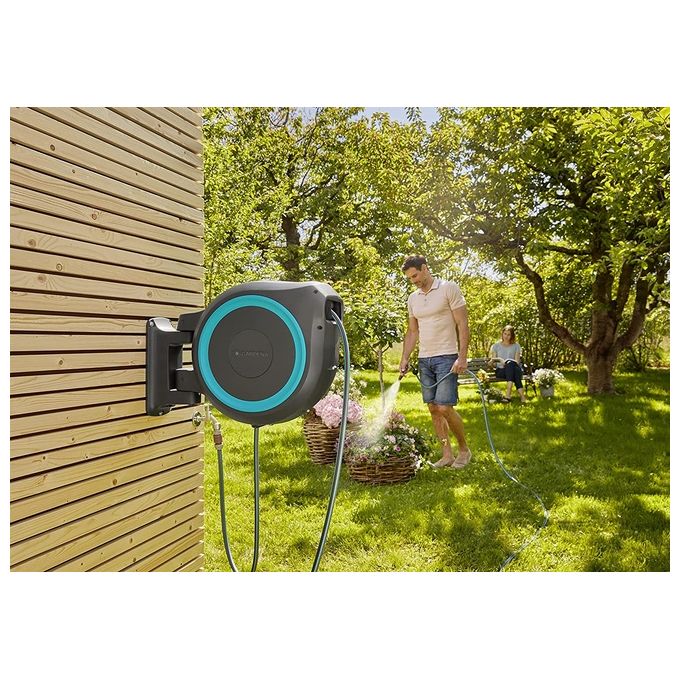 GARDENA 18630-20 RollUp XL Avvolgitubo a Parete 35 m Diametro 13 mm Rotazione 180° con Lancia e Raccordi colore Azzurro