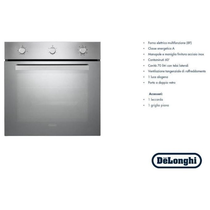 De'Longhi DLM 8L S Forno da incasso Elettrico Multifunzione 70 L Classe A 2400 W 8 programmi (59,5x59,5x54 cm) colore Acciaio Inox