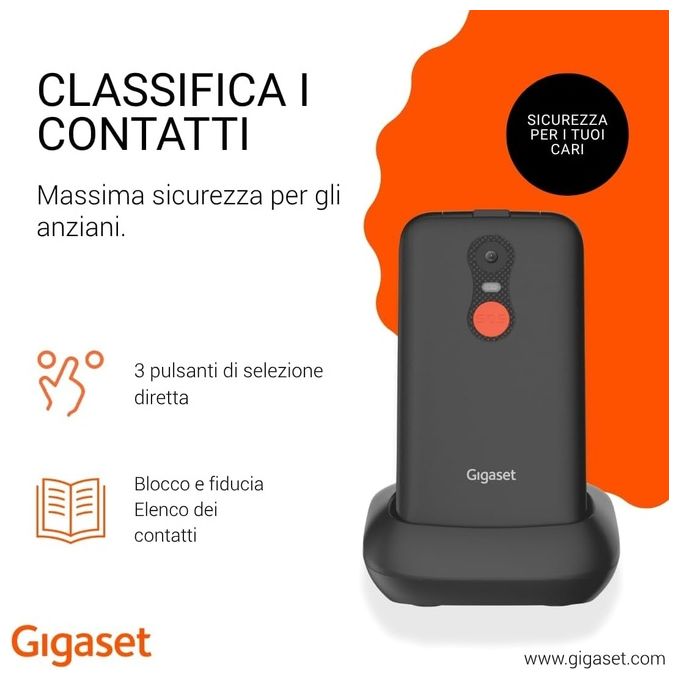 Gigaset GL595 Telefono Cellulare per Anziani Clamshell SIM singola IP44 Bluetooth Tasto SOS 2.8'' colore Nero