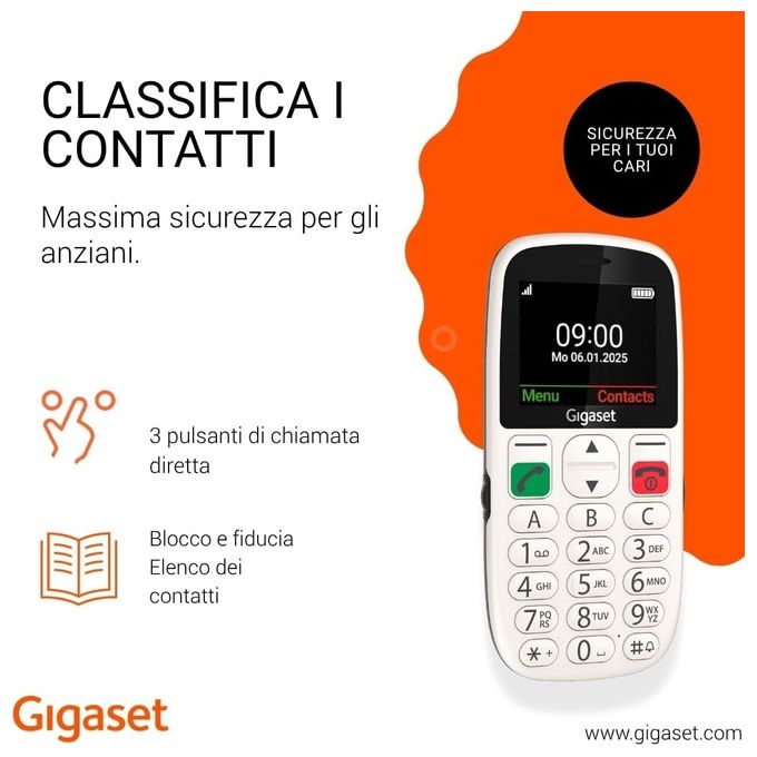 Gigaset S30853-H1230-R103 GL395 Telefono per Anziani 2.2'' Tasto SOS Bluetooth IP44 800 mAh colore Bianco