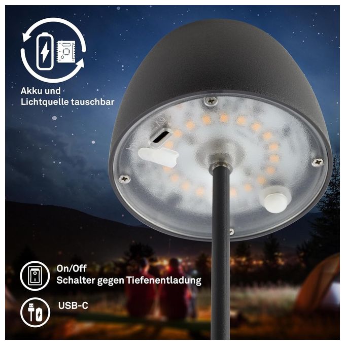 Briloner Lampada da Tavolo Led Mini Ricaricabile Antracite Dimmerabile IP44