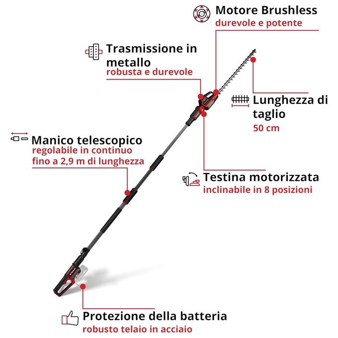 Einhell 3410972 Professional Tagliasiepi Telescopico a Batteria 18 V Power X-Change Motore Brushless Lunghezza Taglio 50 cm Distanza Denti 25 mm Manico Regolabile 220-290 cm Testata Inclinabile 8 Posizioni colore Nero