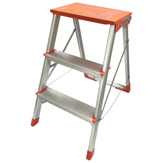 Gierre BA310 Scaletta 3 Gradini in Alluminio Pieghevole con Ampia Superficie d'Appoggio e Piedini Antiscivolo colore Grigio