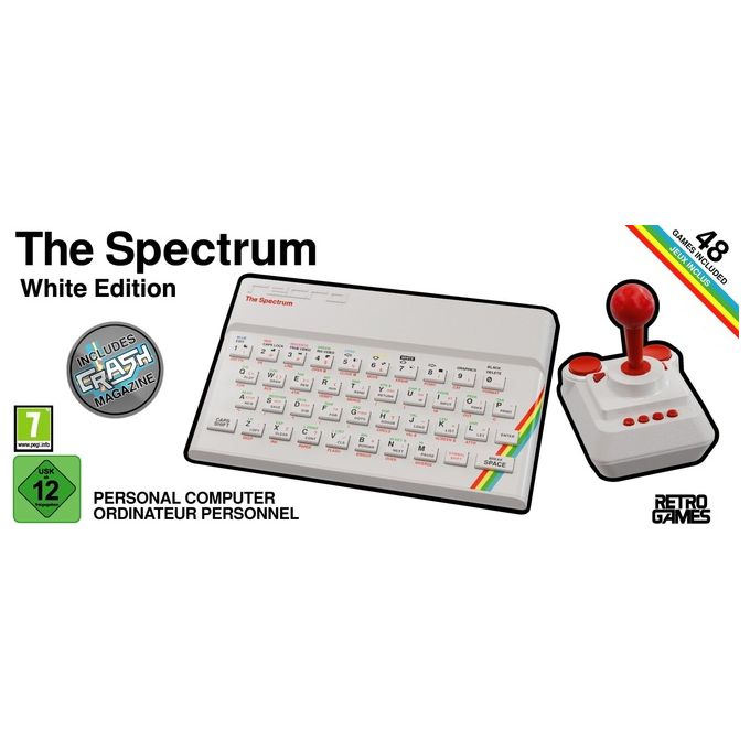 Retro Games The Spectrum White Edition, computer retrogaming, emulazione ZX Spectrum 16K 48K 128K, 48 giochi inclusi, uscita HDMI 720p, joystick e chiavetta USB