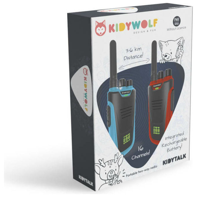 KIDYWOLF 5407009180125 KIDYTALK Walkie Talkie Ricaricabile Portata fino a 6 km 16 Canali con Torcia Integrata e Clip da Cintura colore Blu-Rosso