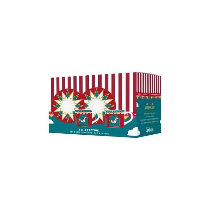 Bialetti NGD24002 Winter Wonderland Set di 4 Tazzine da Caffe' con Piattino in Porcellana 80 ml colore Rosso Bianco Blu