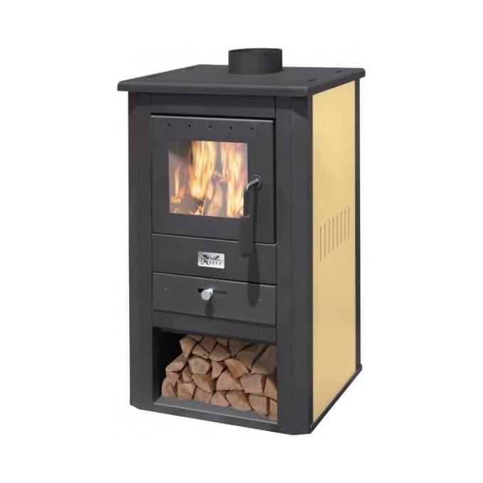 MILLE Pallade Stufa a legna 10,7 kW in acciaio verniciato 2 mm con vetro ceramico e vano portalegna colore Avorio