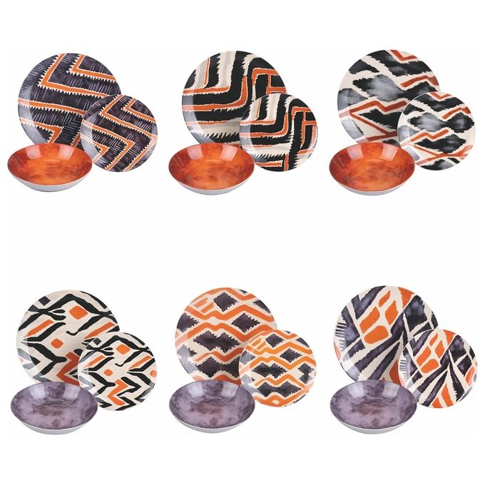 Villa d'Este Home Tivoli 1996 5921889 Malindi Servizio piatti 18 pezzi in porcellana 6 piatti piani 6 piatti fondi 6 piatti frutta finitura lucida stile afrochic colore Multicolore
