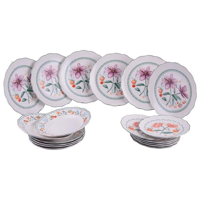 Villa d'Este Home Tivoli 1996 5926671 Servizio piatti 18 pezzi 6 posti tavola in porcellana con decoro Cherry Flowers bordo smerlato verde colore Bianco