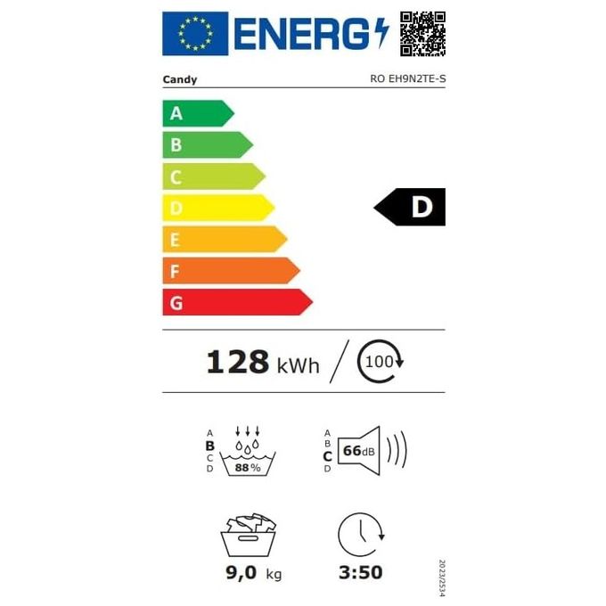 Candy RO EH9N2TE-S Rapido' Asciugatrice A Pompa Di Calore 9 Kg Classe D 66 Db Wi-Fi App Hon (85x59x58.5 Cm) Colore Bianco