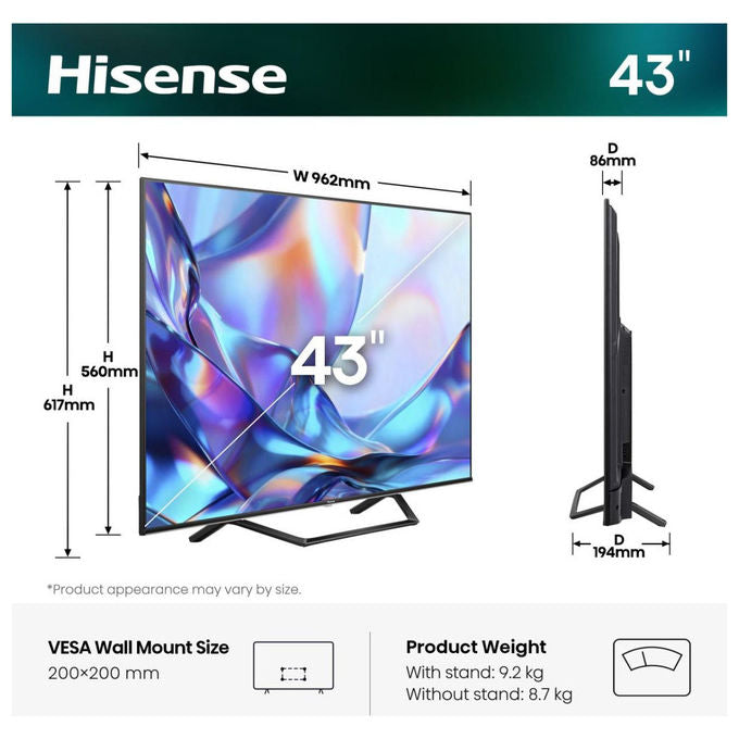 Hisense 43A79S A7 Series Smart TV QLED 43'' 4K Ultra HD VIDAA HDR10+ Dolby Vision Wi-Fi colore Nero