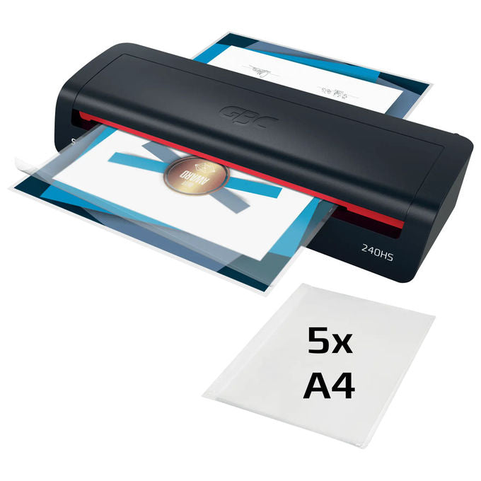 GBC plastificatrice A3 240HS, riscaldamento rapido 2 minuti, anti-inceppamento, 75-125 micron, autospegnimento, nero-rosso