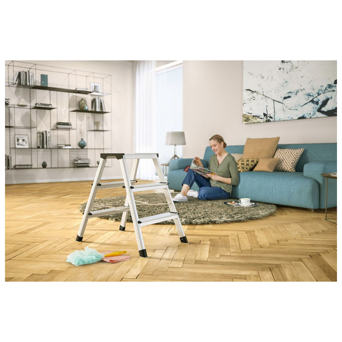 Hailo 4442-701 StandardLine Scaletta pieghevole a doppio gradino 2x2 gradini in alluminio con piedi antiscivolo e portata 150 kg colore Argento