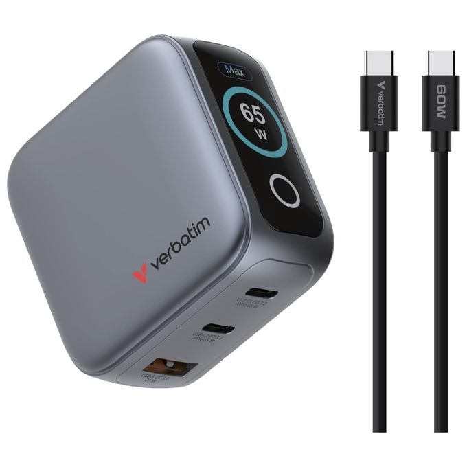 Verbatim 30238 Caricatore Mini GaN 65W con Display 3 Porte 2x USB-C 1x USB-A Power Delivery 3.0 Quick Charge 3.0 colore Nero