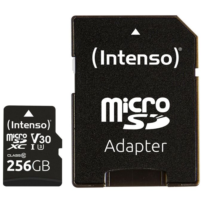 Intenso 3433492 Scheda di memoria microSDHC 256 GB Classe 10 UHS-I U3 V30 con adattatore SD fino a 100 MB-s lettura colore Nero