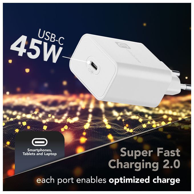 Cellularline, Caricabatterie Super Fast Charger PD 45W, USB-C, Bianco