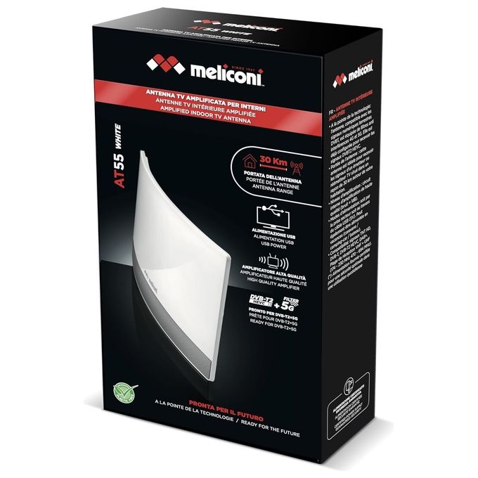 Meliconi 881017 AT55 R1 Antenna TV Amplificata da Interno DVB-T DVB-T2 HEVC DAB+ Filtri 4G 5G Alimentazione USB colore Bianco