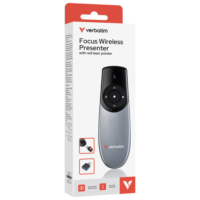 Verbatim 32365 Puntatore Wireless RF 2.4 GHz Portata 30 m con Puntatore Laser Rosso 5 Tasti Ricaricabile colore Nero Argento