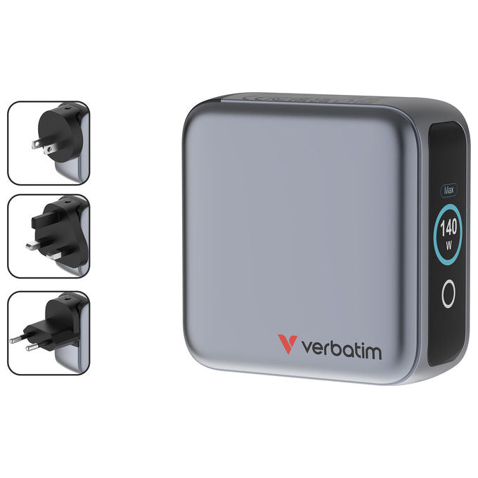 Verbatim 30240 Caricabatterie Universale Mini GaN 140W con Display 3 Porte USB Tipo C 1 Porta USB Tipo A Ricarica Rapida Power Delivery 3.0 Quick Charge 3.0 colore Nero