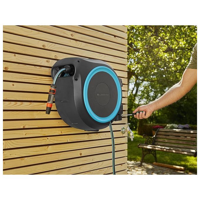 GARDENA 18630-20 RollUp XL Avvolgitubo a Parete 35 m Diametro 13 mm Rotazione 180° con Lancia e Raccordi colore Azzurro